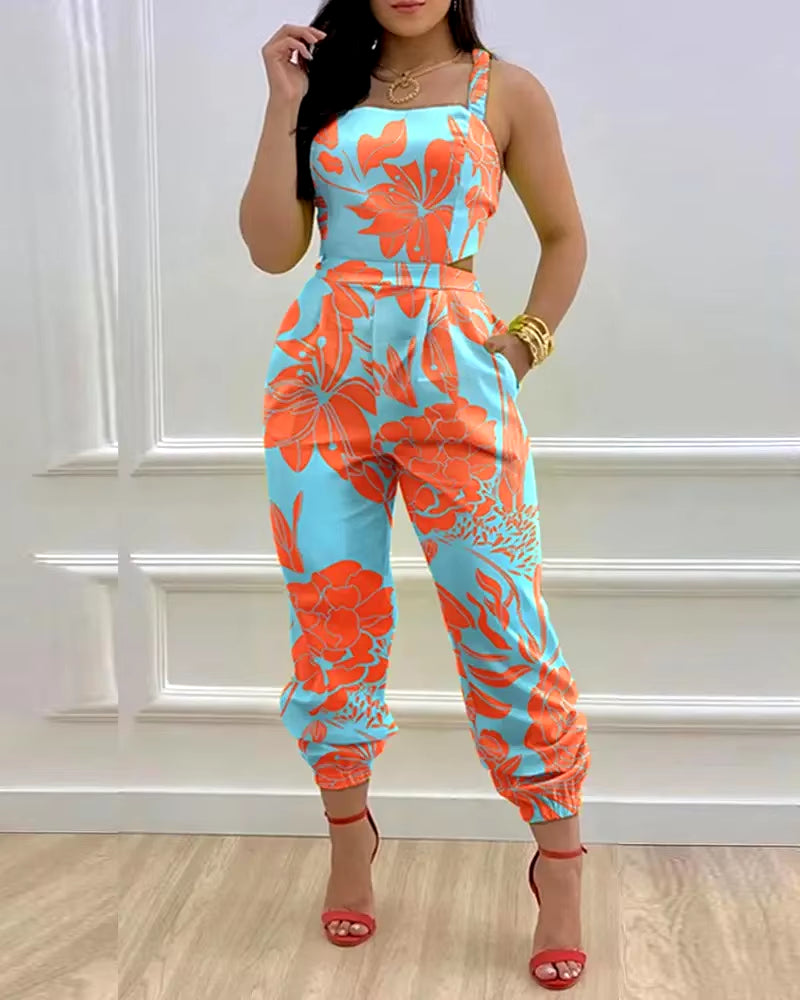 Elegant Women's 2024 Summer Strapless Hollow Waist Printed Jumpsuit