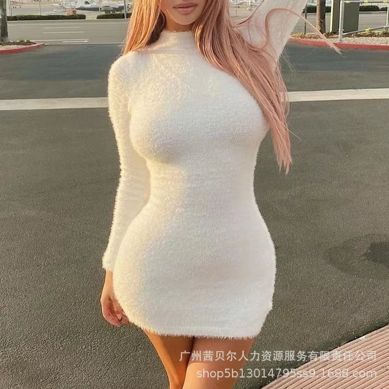 New Women Sexy Solid Color Slim High Waist Plush Dress 2023 Autumn Winter Dress Women Fashion Long Sleeve round Neck Mini Dress