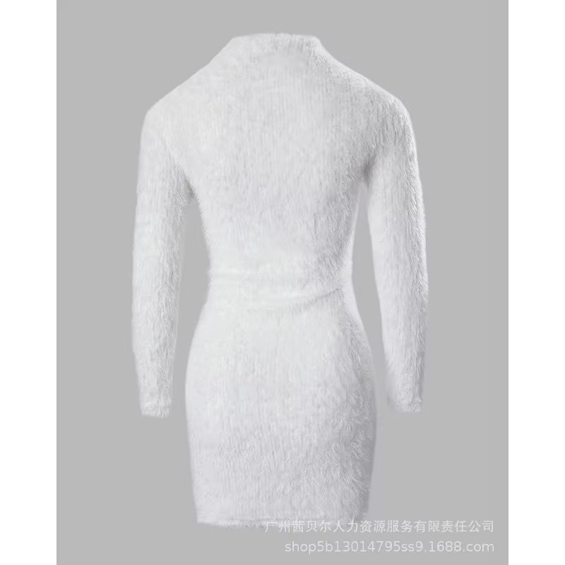 New Women Sexy Solid Color Slim High Waist Plush Dress 2023 Autumn Winter Dress Women Fashion Long Sleeve round Neck Mini Dress