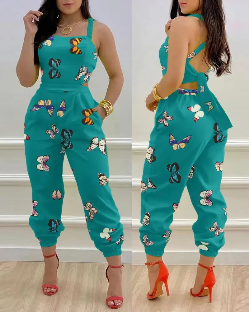 Elegant Women's 2024 Summer Strapless Hollow Waist Printed Jumpsuit