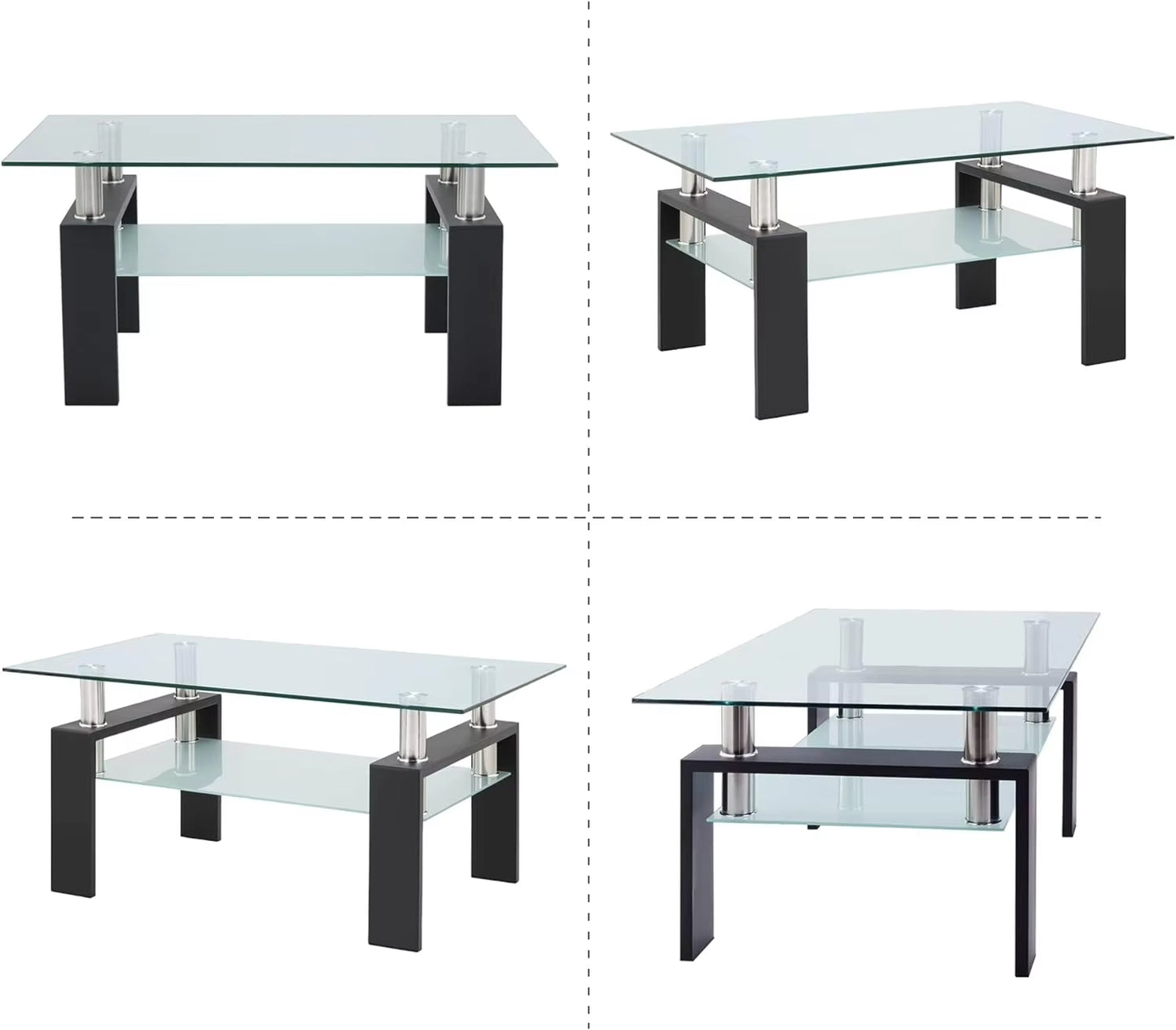 Rectangle Glass Coffee Table 2-Tier Tea Table Modern Side Coffee Table for Living Room Black