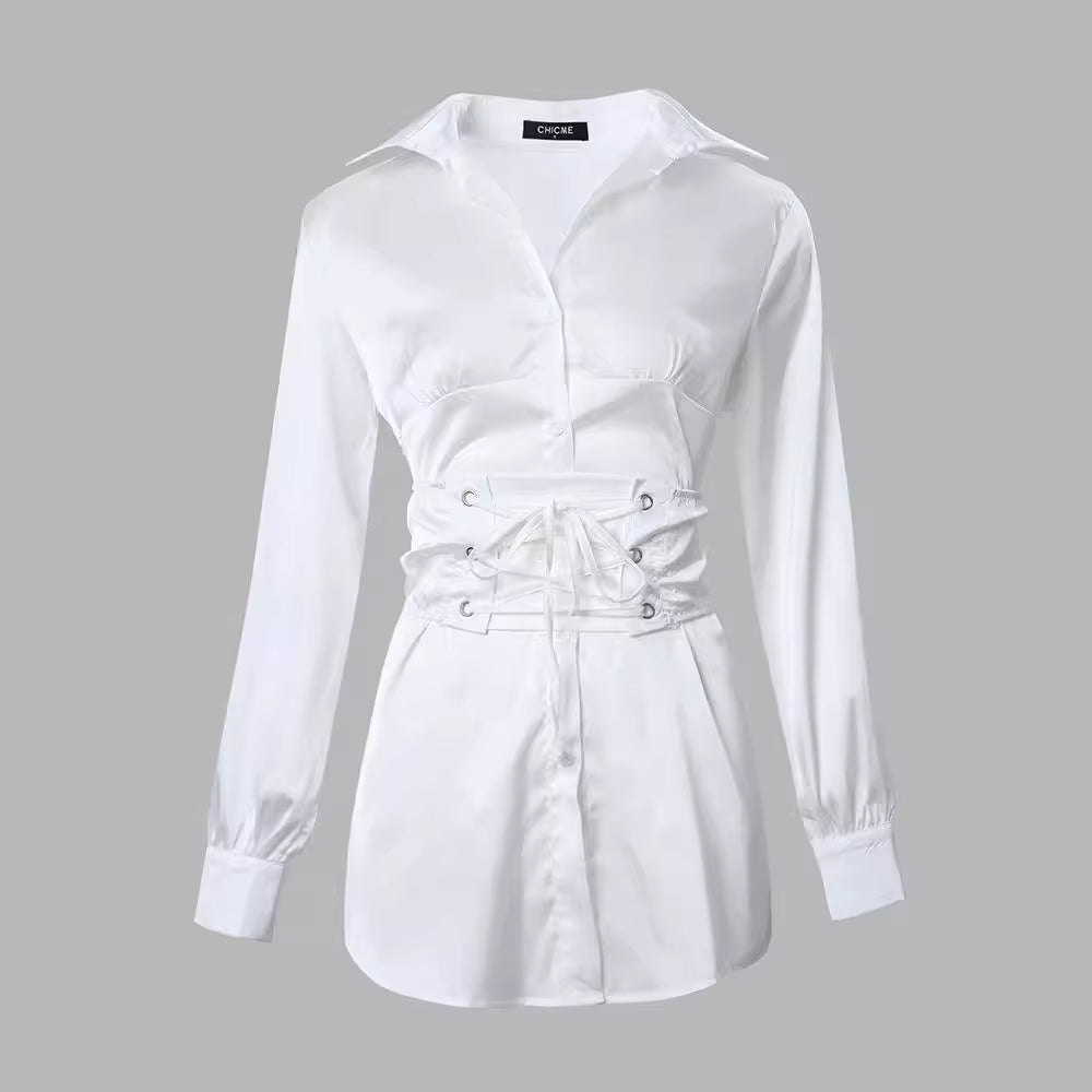 Women'S Clothing Fashion Solid Color White Lace-Up Shirt Dress Long Sleeve Summer Mini Dress Sexy