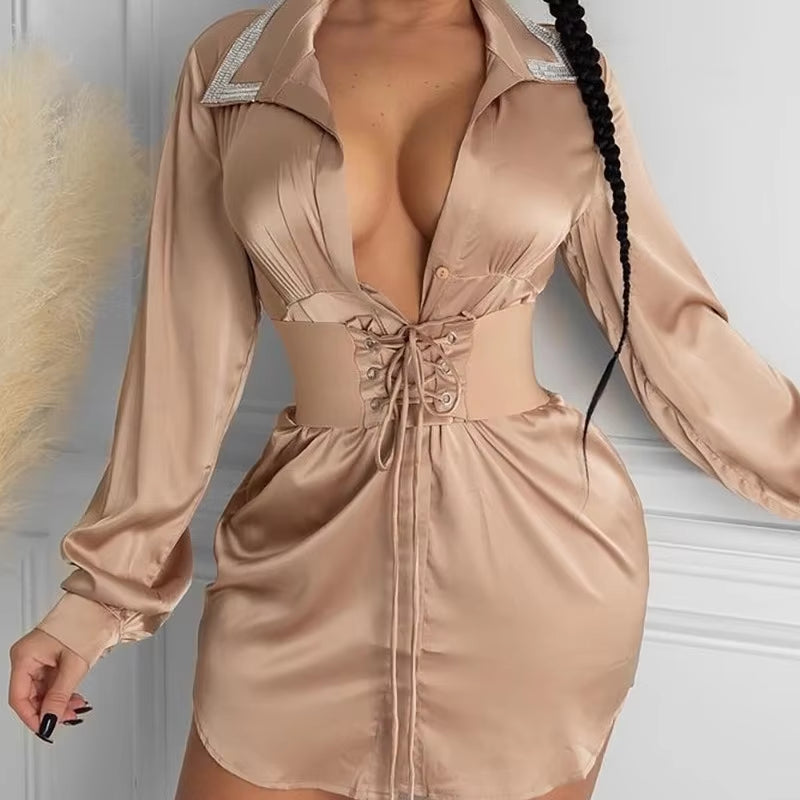 Women'S Slim High Waist Bandage Mini Dress Spring Summer New Dress Shirt Women'S Sexy Long Sleeve Turn-Down Collar Dress