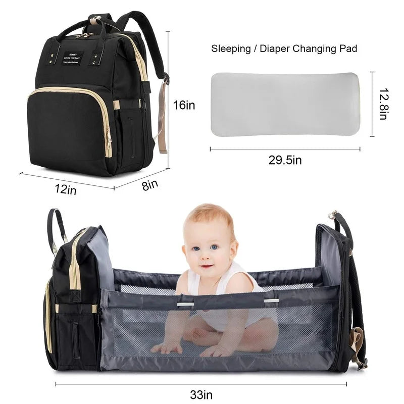 Foldable Baby Crib Diaper Bag with Changing Pad Kids Mummy Backpack USB Interface Baby Care Newborn Nappy Stroller Organizer