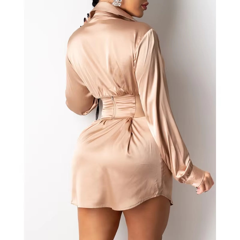 Women'S Slim High Waist Bandage Mini Dress Spring Summer New Dress Shirt Women'S Sexy Long Sleeve Turn-Down Collar Dress