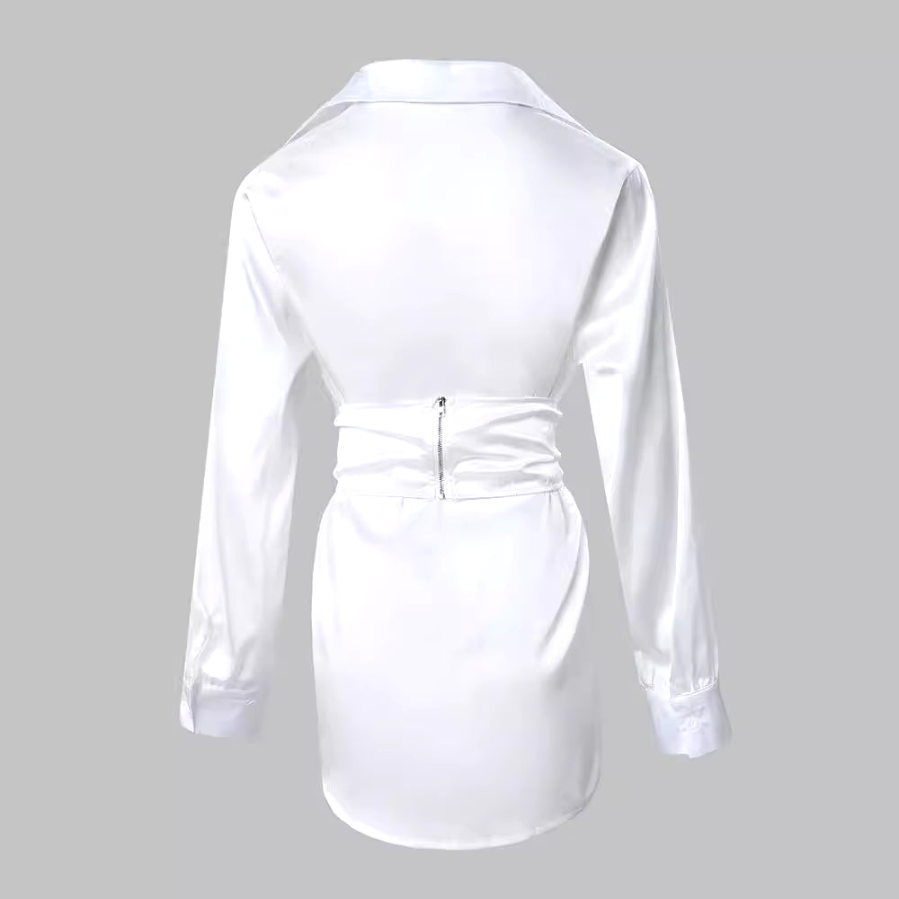 Women'S Clothing Fashion Solid Color White Lace-Up Shirt Dress Long Sleeve Summer Mini Dress Sexy