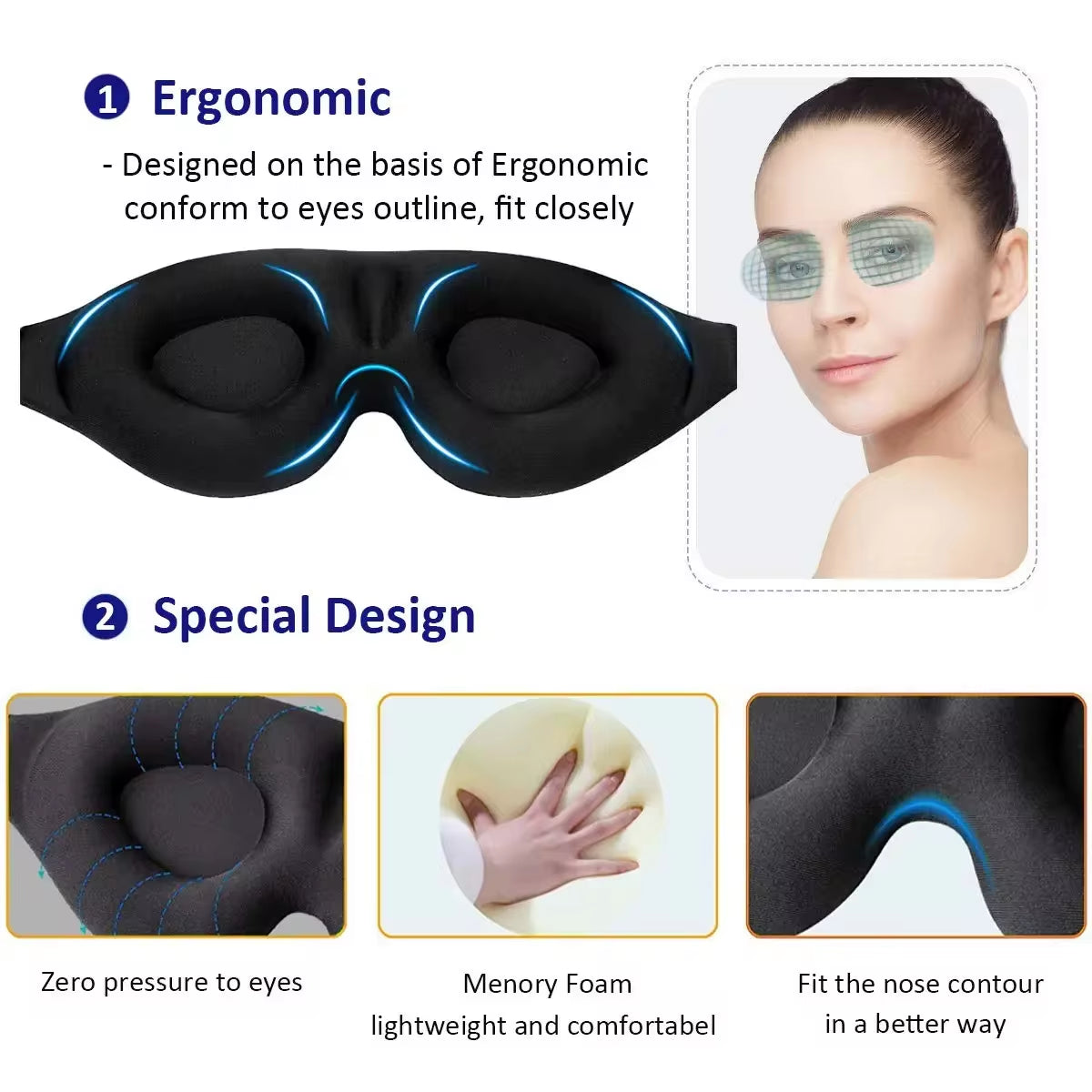 Eye Mask for Sleeping 3D Contoured Cup Blindfold Concave Molded Night Sleep Mask Block Out Light with Women Men with Earplugs