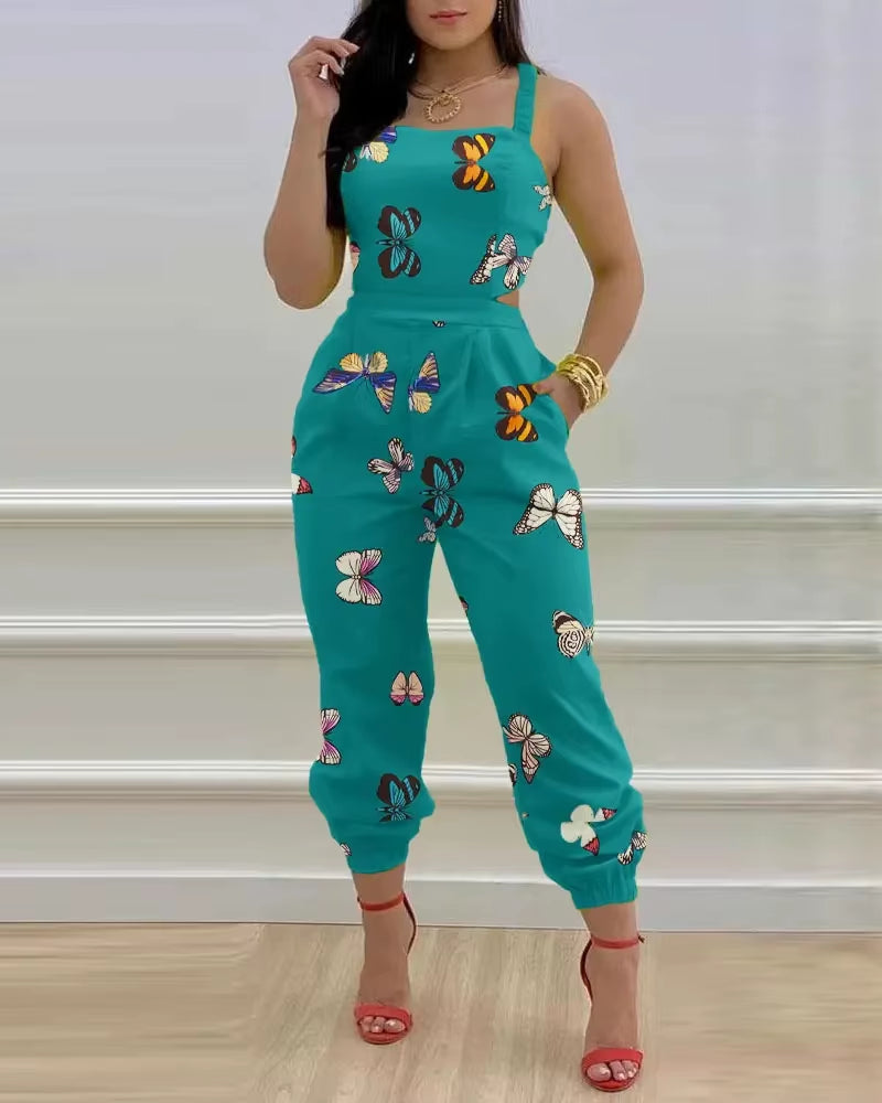 Elegant Women's 2024 Summer Strapless Hollow Waist Printed Jumpsuit