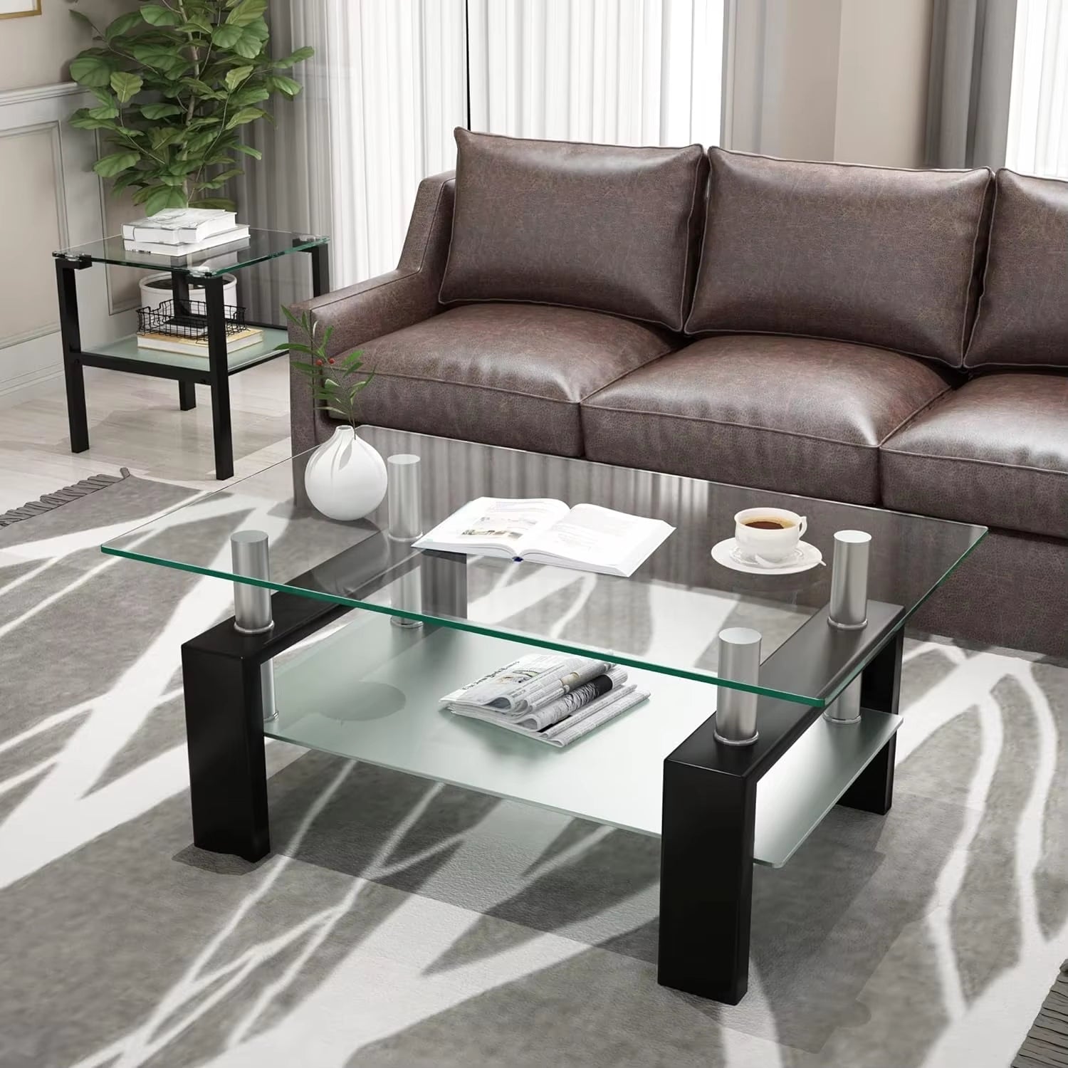 Rectangle Glass Coffee Table 2-Tier Tea Table Modern Side Coffee Table for Living Room Black