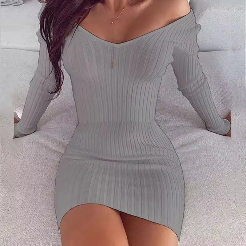 Sexy V-Neck Bodycon Woman Dress Long Sleeve off Shoulder Short Dresses for Women 2023 Spring Autumn White Pink Mini Dress Robe