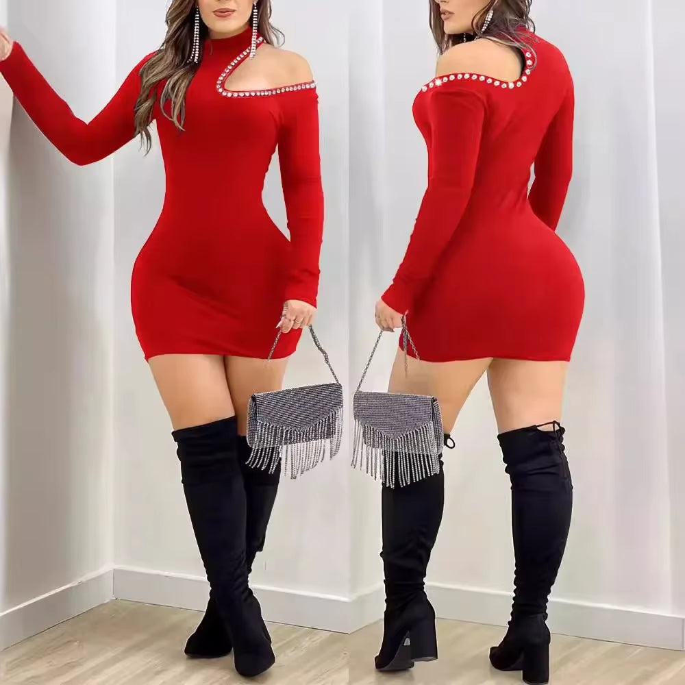 Women'S Clothing Hollow Hot Drilling Midi Dress Long Sleeve Solid Color Sexy Bodycon Fashion Summer Dress