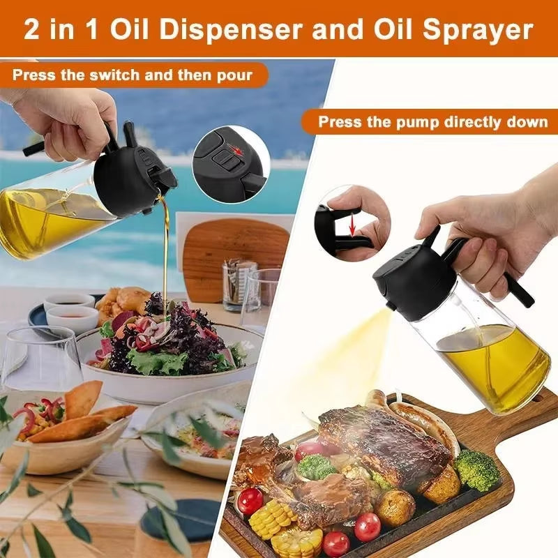 2Pc 2 in 1 Oil Spray Bottle 470Ml Anti-Leakage Olive Oil Sprayer Plastic Baking Oil Spray Oil Bottle Dispenser, Kitchen Gadgets