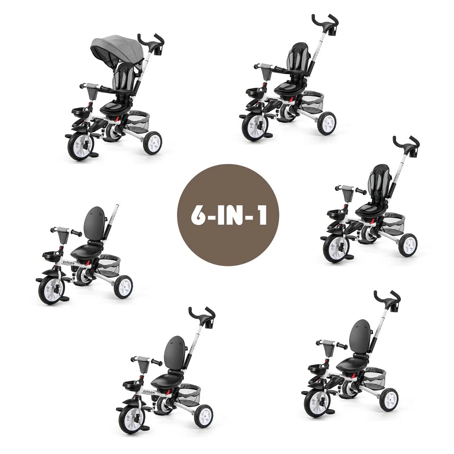 6-In-1 Kids Baby Stroller Tricycle Detachable Learning Toy Bike W/ Canopy