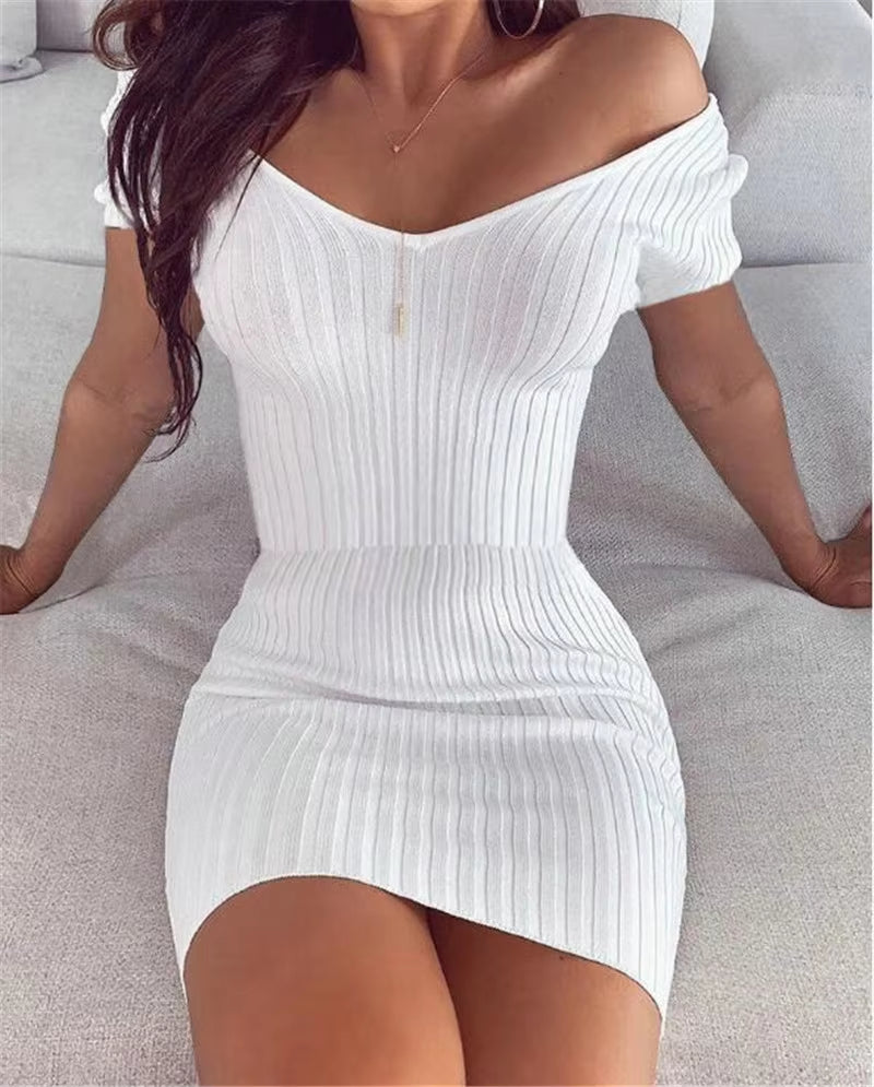 Sexy V-Neck Bodycon Woman Dress Long Sleeve off Shoulder Short Dresses for Women 2023 Spring Autumn White Pink Mini Dress Robe