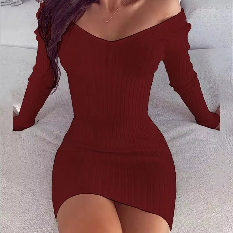 Sexy V-Neck Bodycon Woman Dress Long Sleeve off Shoulder Short Dresses for Women 2023 Spring Autumn White Pink Mini Dress Robe